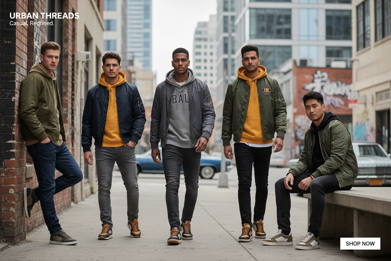 A modern American-style fashion banner, showcasing stylish casual clothing on diverse men models in a natural streetwear setting. The scene features urban background with soft daylight, relaxed poses, and minimal text space. High-end editorial photography style, crisp details, realistic lighting, natural colors, 3645x2048 aspect ratio, perfect for Shopify homepage banner.