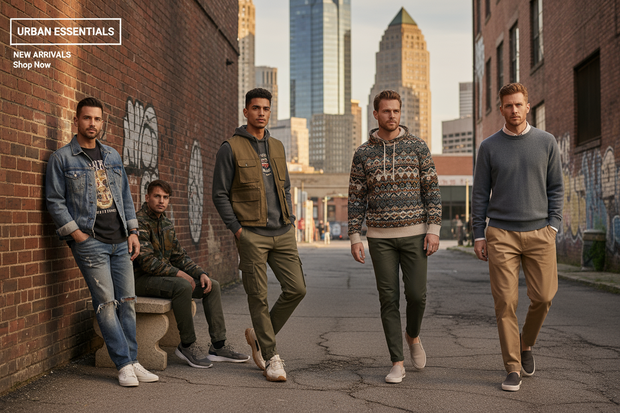 A modern American-style fashion banner, showcasing stylish casual clothing on diverse men models in a natural streetwear setting. The scene features urban background with soft daylight, relaxed poses, and minimal text space. High-end editorial photography style, crisp details, realistic lighting, natural colors, perfect for Shopify homepage banner.