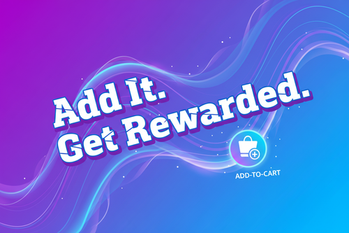 Square modern gradient banner in purple and electric blue tones, bold American typography, dynamic abstract waves, glowing add-to-cart icon, stylish streetwear promo design with text"Add It. Get Rewarded.", clean composition, 1080x1080 px.